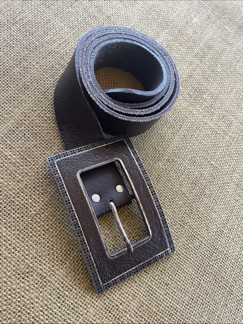 Women’s Black Leather Belt with Textured Rectangle Buckle